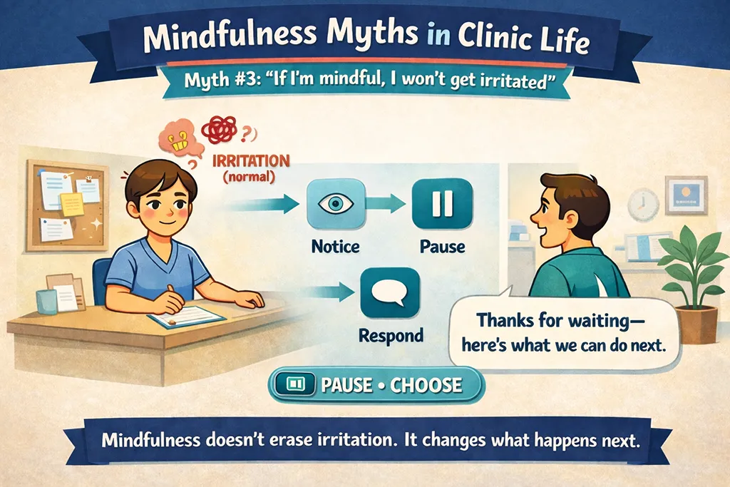 Cartoon clinic infographic showing irritation as normal and a “Notice, Pause, Respond” flow, illustrating how mindfulness helps clinicians choose a calm response instead of reacting.