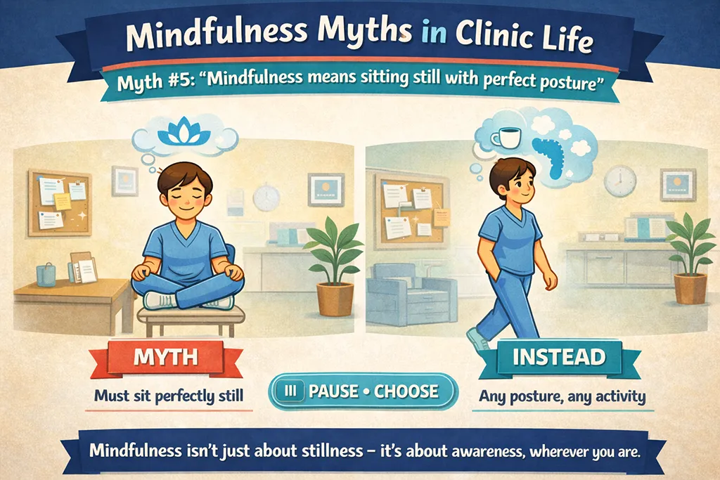 Cartoon clinic infographic contrasting “perfect posture” mindfulness with mindful movement, showing a clinician practicing awareness while sitting or walking during the workday.