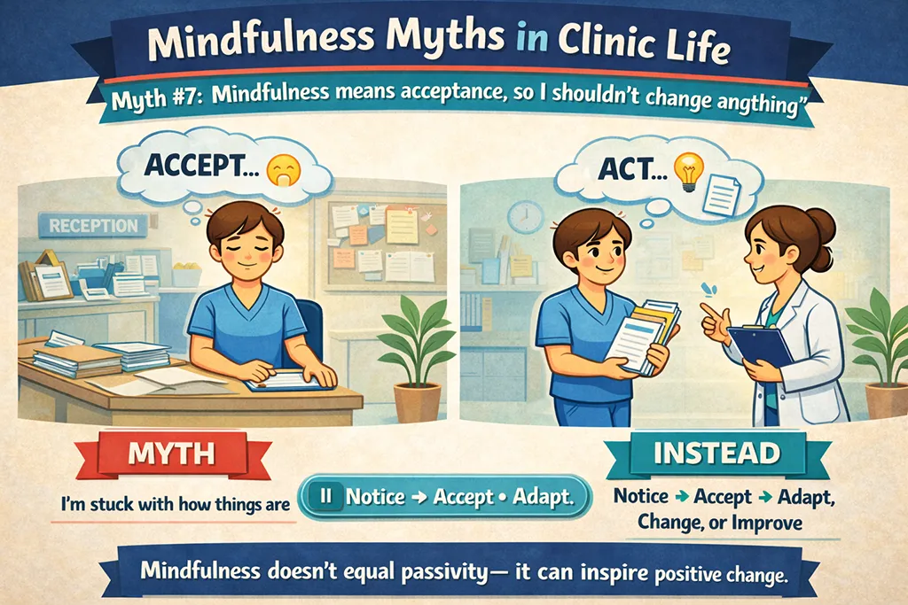 Cartoon clinic infographic contrasting passive “just accept it” thinking with mindful action, showing a clinician noticing, accepting, and then adapting to improve clinic workflows.