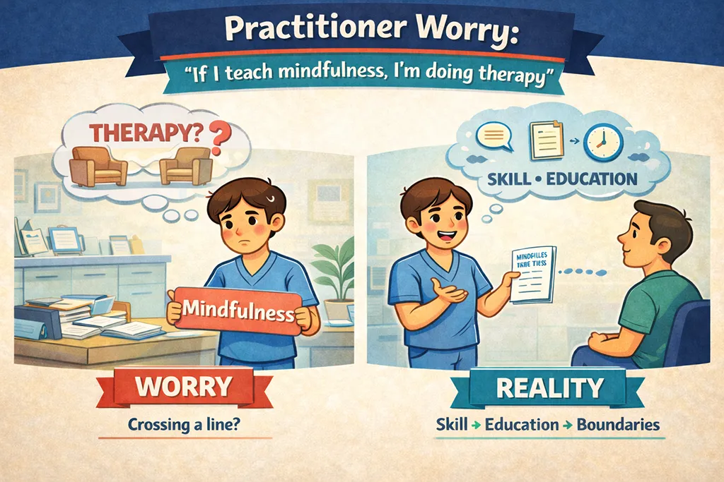 Cartoon clinic infographic addressing practitioner worry about teaching mindfulness vs therapy, showing mindfulness as skill-based education with clear boundaries in a healthcare setting.