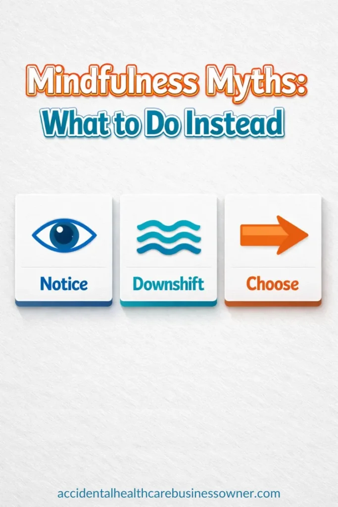 Three large tiles labeled “Notice,” “Downshift,” “Choose” with simple icons (eye, wave, arrow). Text says: Mindfulness Myths: What to Do Instead