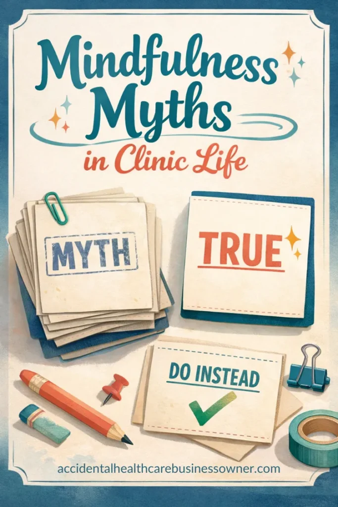 A stack of cards stamped “MYTH” in faded ink, and beside it a bright stamped card reading “TRUE” with a small sparkle; a final card reads “DO INSTEAD” with a checkmark. Text says: Mindfulness Myths in Clinic Life