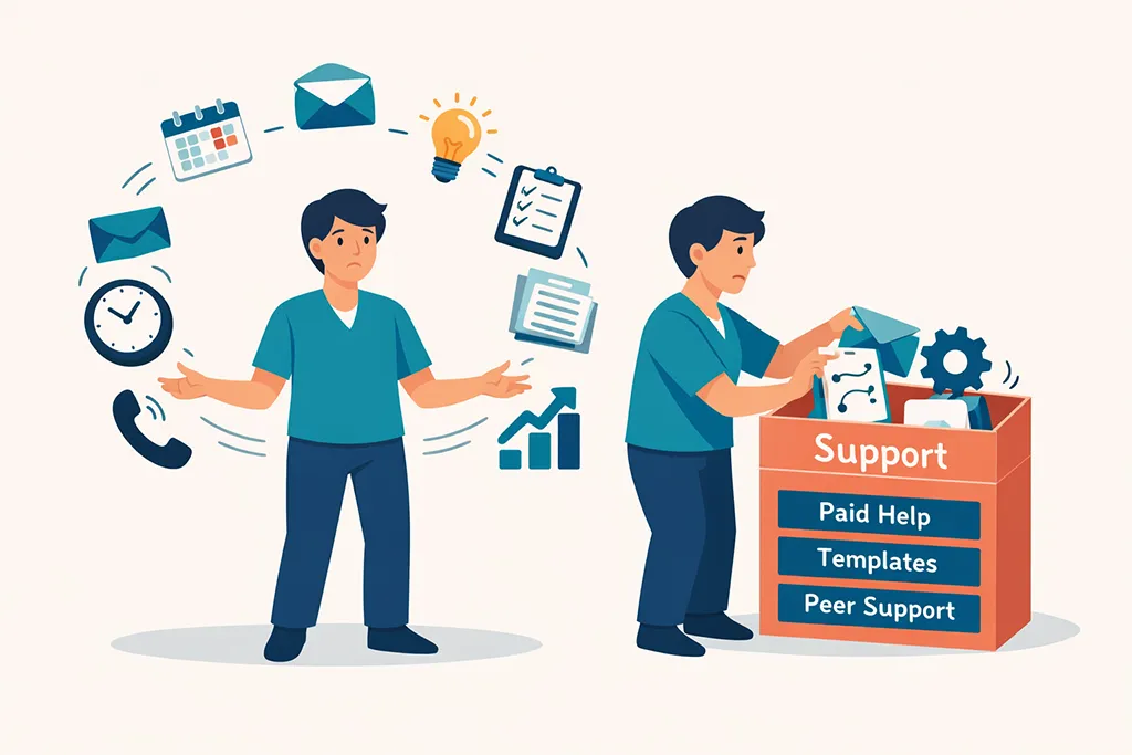 Illustration showing a solo healthcare practitioner overwhelmed by tasks, then delegating work into a support box labeled paid help, templates, and peer support, symbolizing one of the mindset myths for solo health practitioners