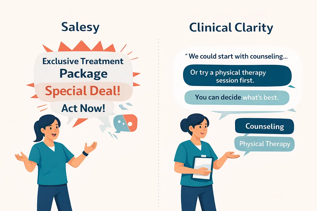 Side-by-side illustration of a practitioner communicating in two ways: one pushy and sales-focused, the other calm and clinical, offering clear treatment options and patient choice.