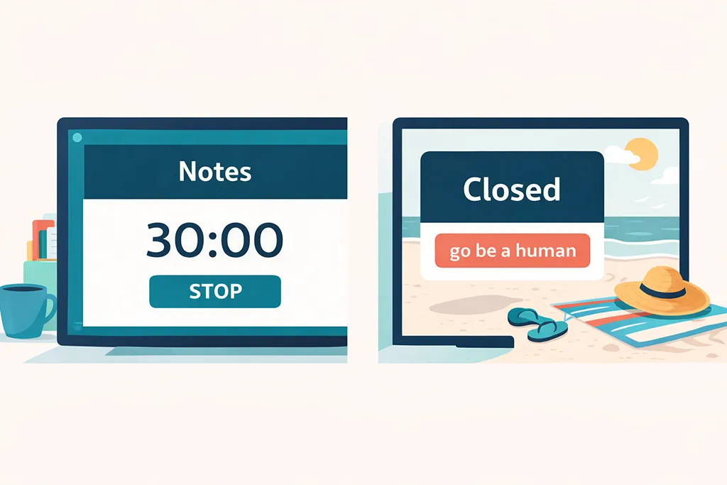 Illustration of a timer set for clinical notes and a closed screen encouraging rest, symbolizing sustainable work boundaries and avoiding nonstop work in solo healthcare practice.