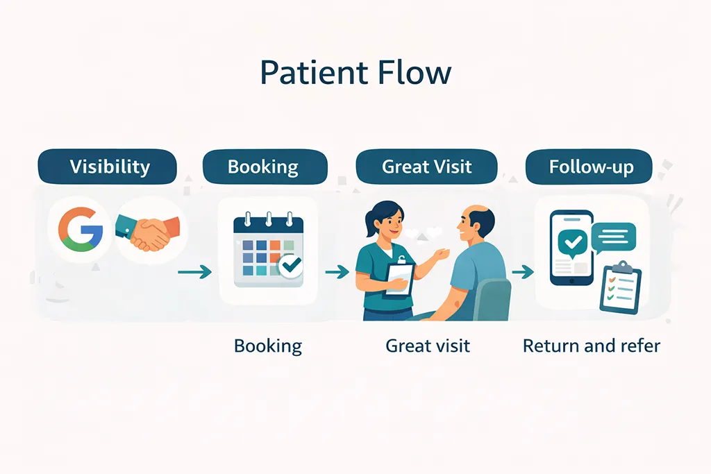 Illustration of a patient flow system for solo practitioners, from visibility and referrals to booking, great visits, follow-up, and repeat patients who refer others.