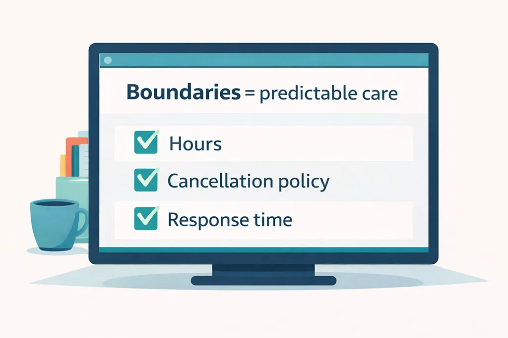 Illustration of a boundaries checklist for solo practitioners, showing hours, cancellation policy, and response time as part of predictable, sustainable patient care.