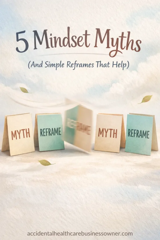 Double-sided cards standing upright like little tent cards, each card shows “MYTH” on one side and “REFRAME” on the other; a gentle breeze effect suggests turning them over. Text says: 5 Mindset Myths (And Simple Reframes That Help)