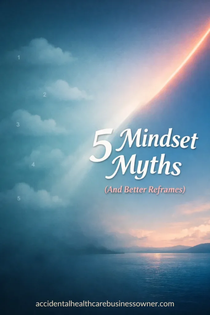 A soft misty gradient background with five faint cloud shapes labeled 1–5, and a beam of light cutting through to reveal a crisp clear area. Text says: 5 Mindset Myths (And Better Reframes)