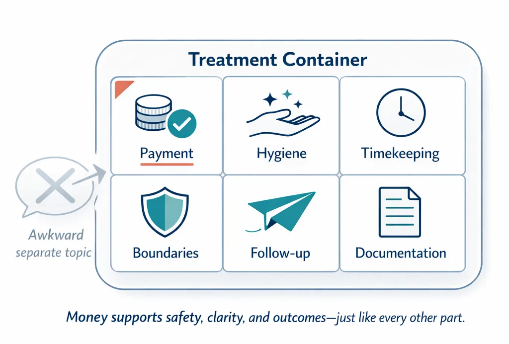 Infographic illustrating money mindset for practitioners and ethical pricing in private practice. “Treatment Container” with payment included alongside hygiene, timekeeping, boundaries, follow-up, and documentation.