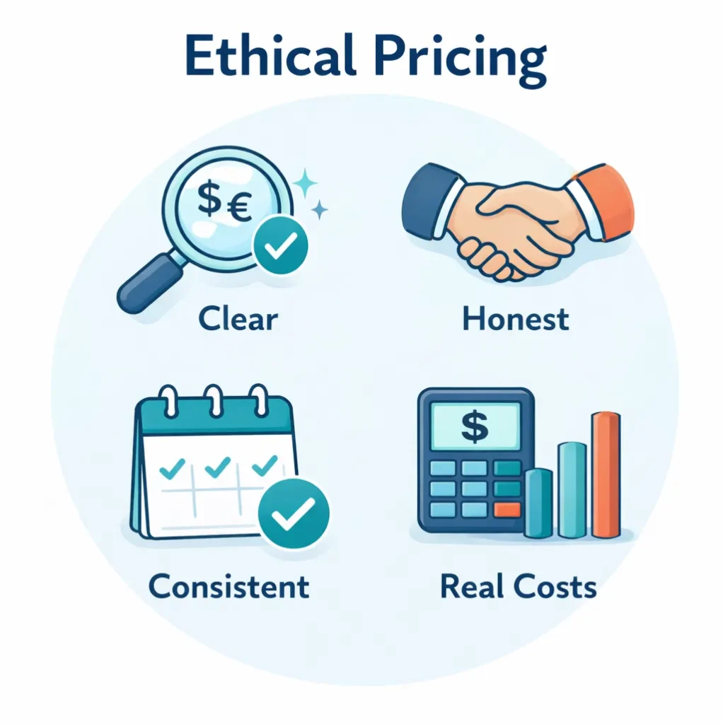 Ethical pricing infographic with icons for transparent fees (magnifying glass), honest agreements (handshake), consistent policies (calendar), and real costs (calculator and bar chart), highlighting clear, honest, consistent pricing based on actual expenses.