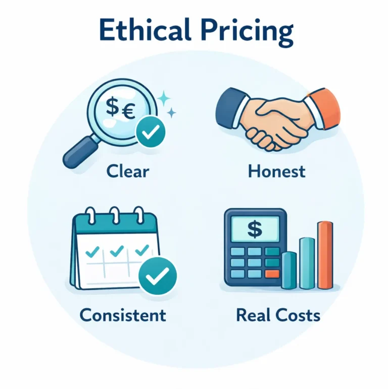 Ethical pricing infographic with icons for transparent fees (magnifying glass), honest agreements (handshake), consistent policies (calendar), and real costs (calculator and bar chart), highlighting clear, honest, consistent pricing based on actual expenses.