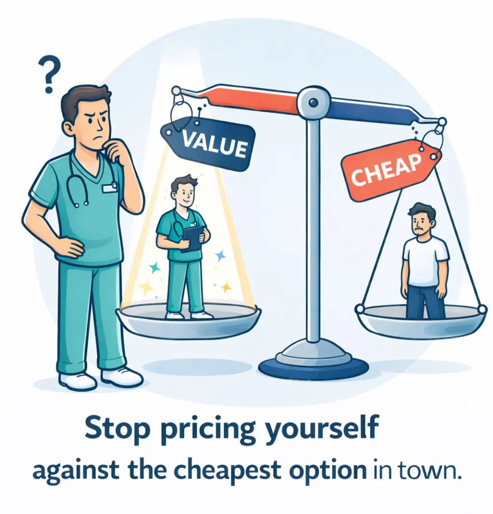 Healthcare clinician weighing a balance scale labeled “VALUE” vs “CHEAP,” with the message “Stop pricing yourself against the cheapest option in town,” encouraging value-based pricing instead of competing on low cost.
