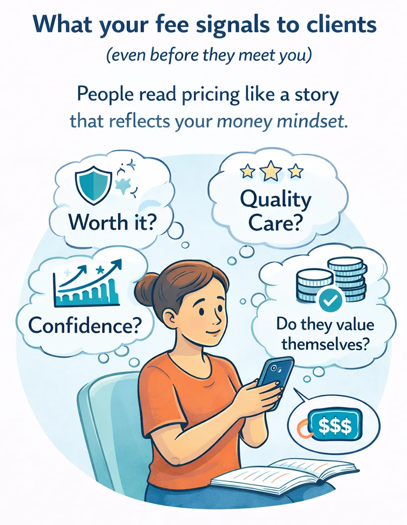 Cartoon graphic titled “What your fee signals to clients (even before they meet you)” showing a person looking at pricing on a phone with thought bubbles like “Worth it?”, “Quality care?”, “Confidence?”, and “Do they value themselves?”, explaining how pricing communicates perceived value and money mindset.