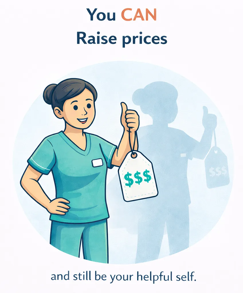 Cartoon illustration of a clinician holding a price tag with dollar signs under the text “You CAN raise prices and still be your helpful self,” encouraging healthcare practice owners to increase fees with confidence.