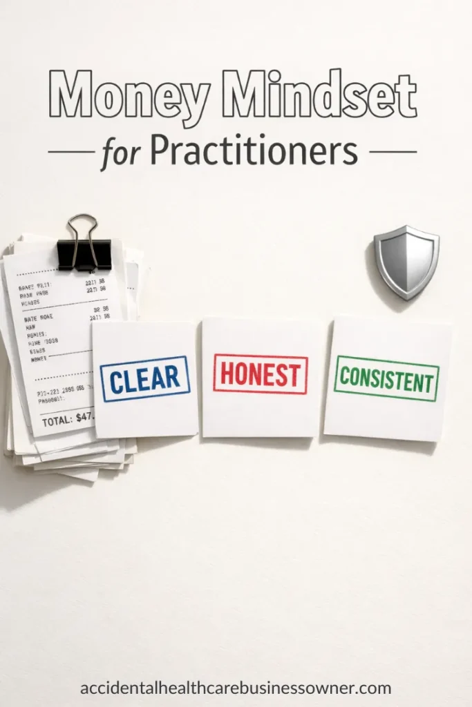 Three clean stamps on cards reading “Clear,” “Honest,” “Consistent”, beside a tidy receipt stack and a small shield icon. Text says: Money Mindset for Practitioners