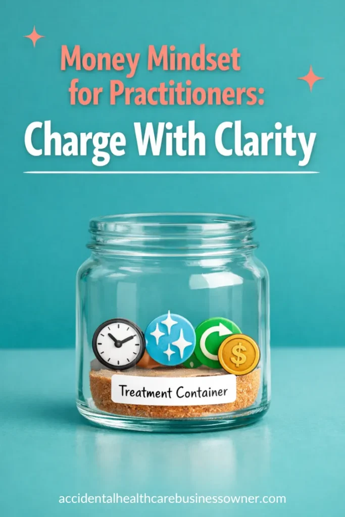 A clear glass jar labeled “Treatment Container” holding small icon tokens - clock, hygiene sparkle, follow-up arrow, and a coin - showing payment as part of the same container. Text says: Money Mindset for Practitioners: Charge With Clarity