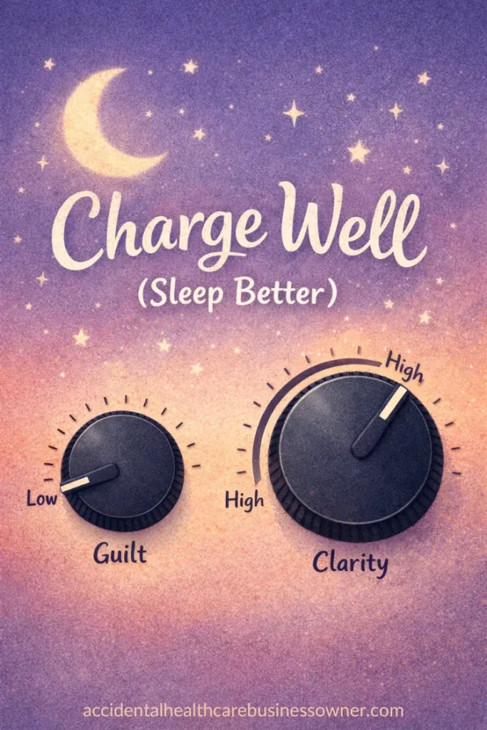 A simple dial labeled “Guilt” turned down, next to a dial labeled “Clarity” turned up; behind them, a soft crescent moon and small stars in background. Text says: Charge Well (Sleep Better)