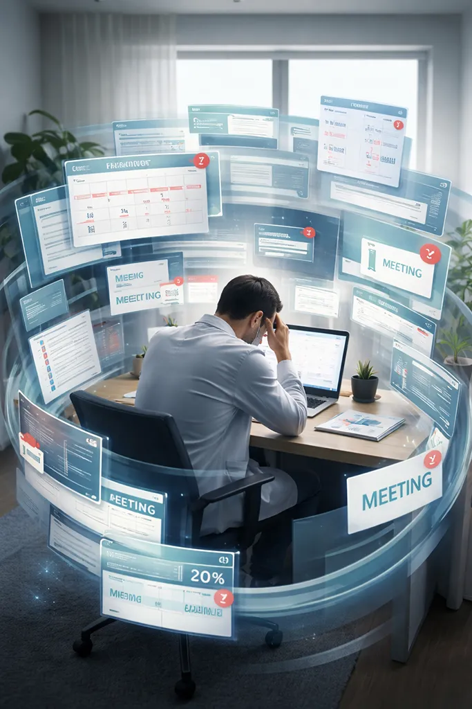 Overwhelmed solo healthcare practitioner sitting at a desk surrounded by digital calendars, meetings, and tasks, illustrating burnout, poor time boundaries, and the cost of not protecting your time in a private practice.