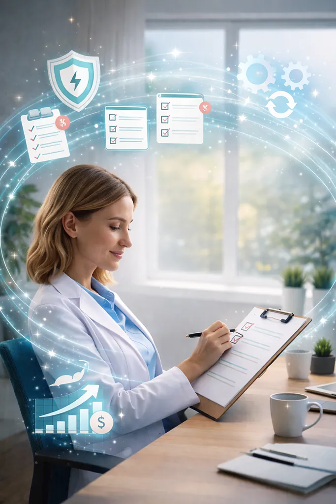 Solo healthcare practitioner calmly completing a checklist, representing repeatable actions, energy protection, and sustainable private practice growth.