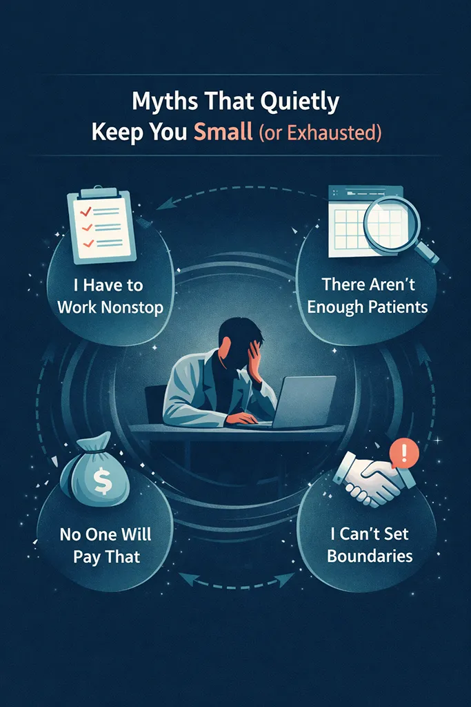 Visual breakdown of limiting beliefs that quietly keep healthcare practice owners small, overwhelmed, or exhausted.