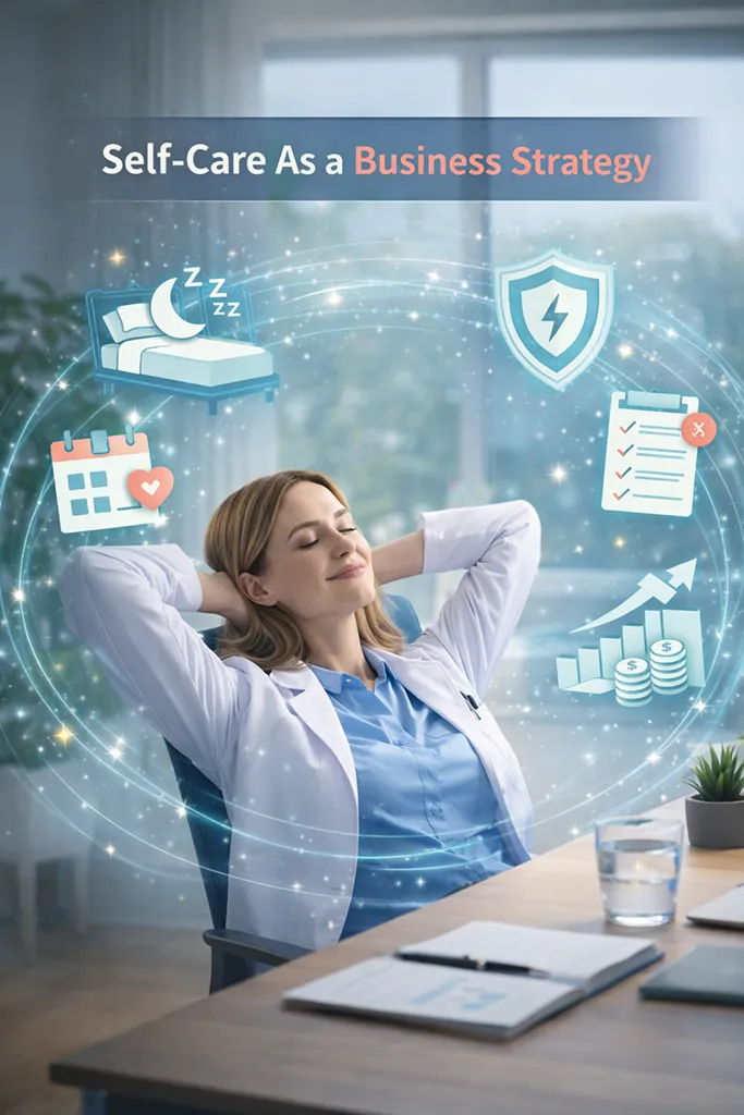 Calm solo healthcare practitioner practicing intentional rest at work, representing self-care as a business strategy for long-term growth.