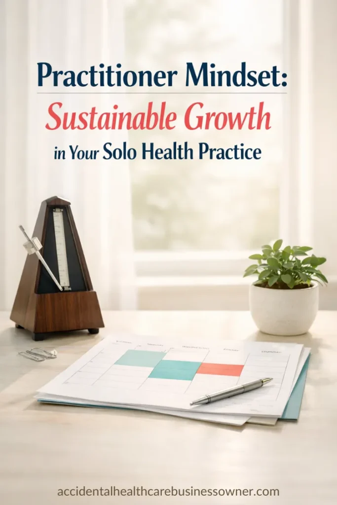 A metronome, a simple weekly planner page, and a small plant in a ceramic pot. Text says: Practitioner Mindset: Sustainable Growth in Your Solo Health Practice