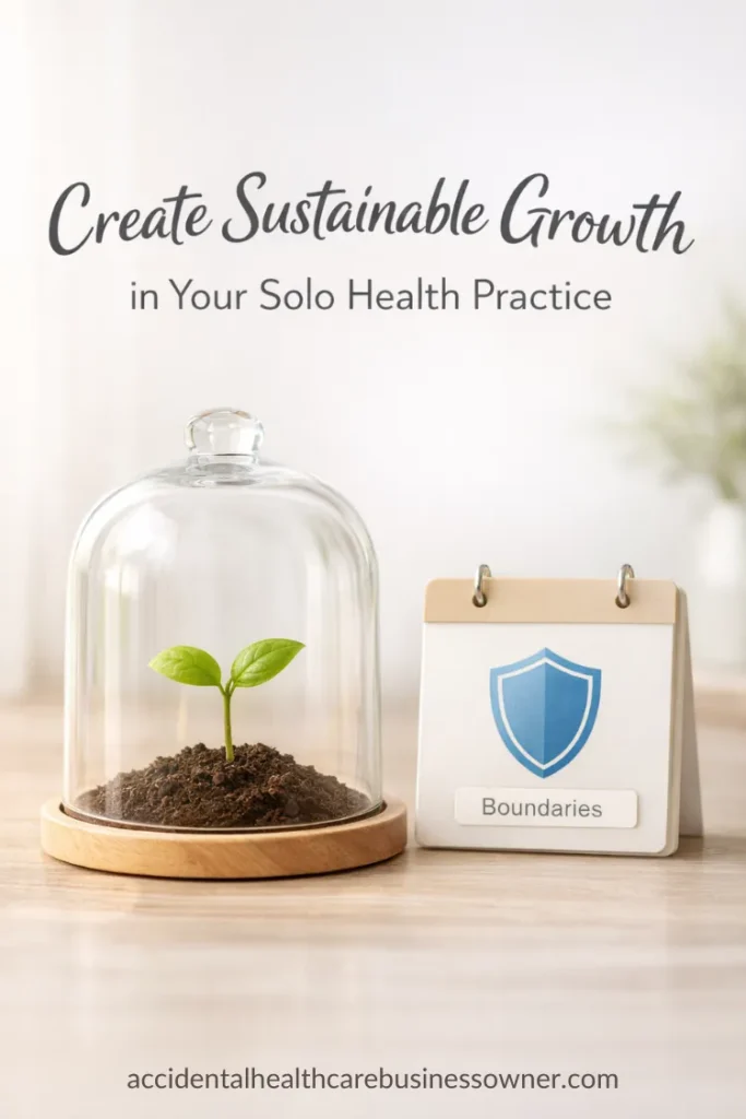 A glass cloche dome covering a small seedling, beside a simple calendar tile with a shield icon and a tiny label “Boundaries”. Text says: Create Sustainable Growth in Your Solo Health Practice