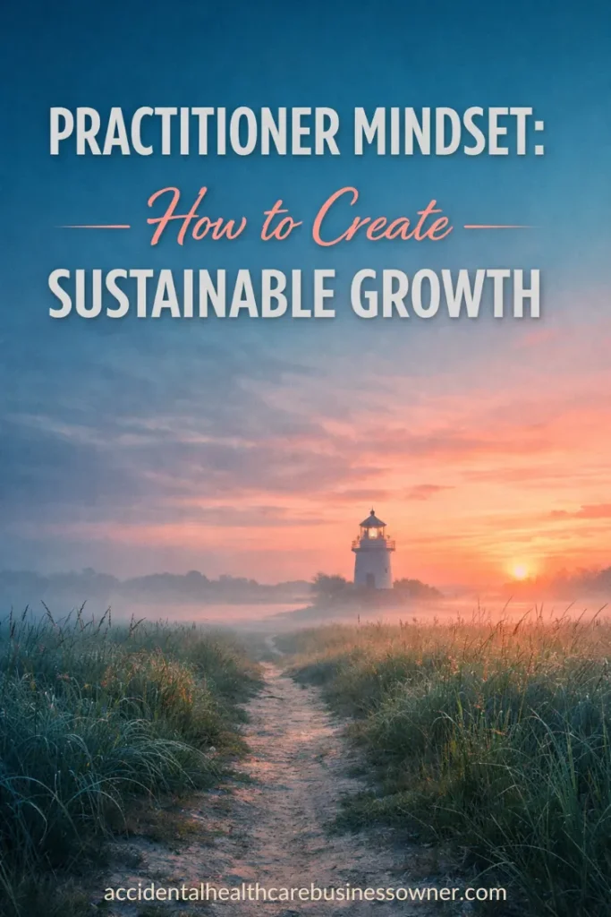 A calm path scene at dawn leading toward a small lighthouse in the distance. Text says: Practitioner Mindset: How to Create Sustainable Growth