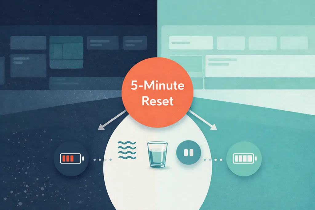 Infographic showing a 5-minute reset routine between client sessions, illustrating hydration, pausing, and energy recovery for solo healthcare practitioners.