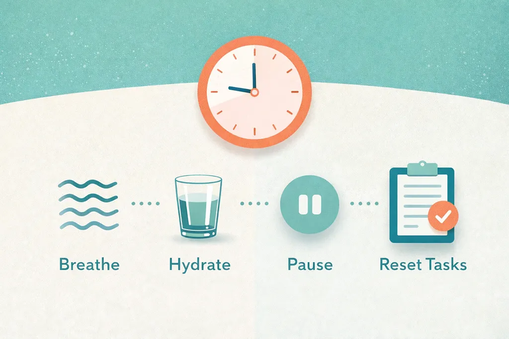 Visual guide to a 5-minute reset between client sessions, highlighting breathing, hydration, pausing, and simple reset tasks for solo healthcare practitioners.