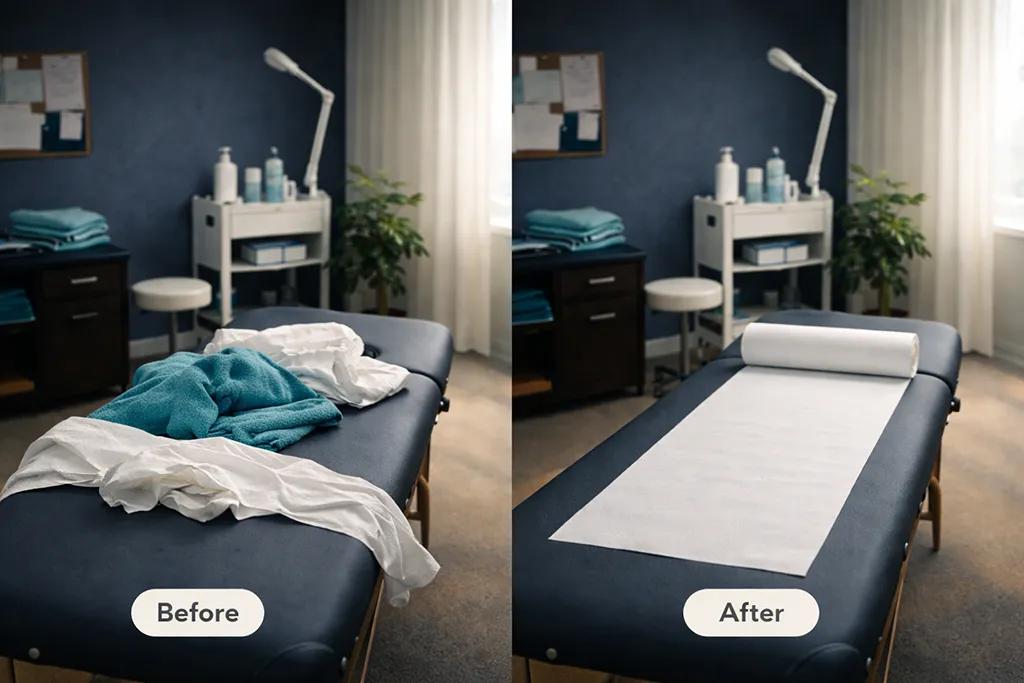 Before and after image showing a treatment room reset between client sessions, with a messy table transformed into a clean, prepared space.