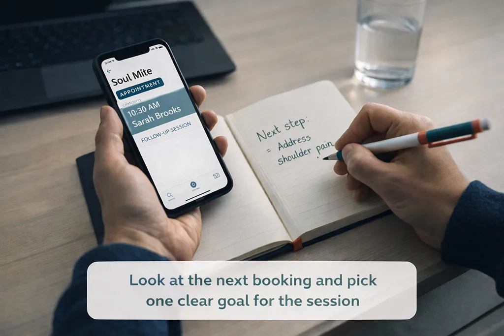 Solo healthcare practitioner checking the next appointment and writing a one-sentence plan to reset and focus between client sessions.