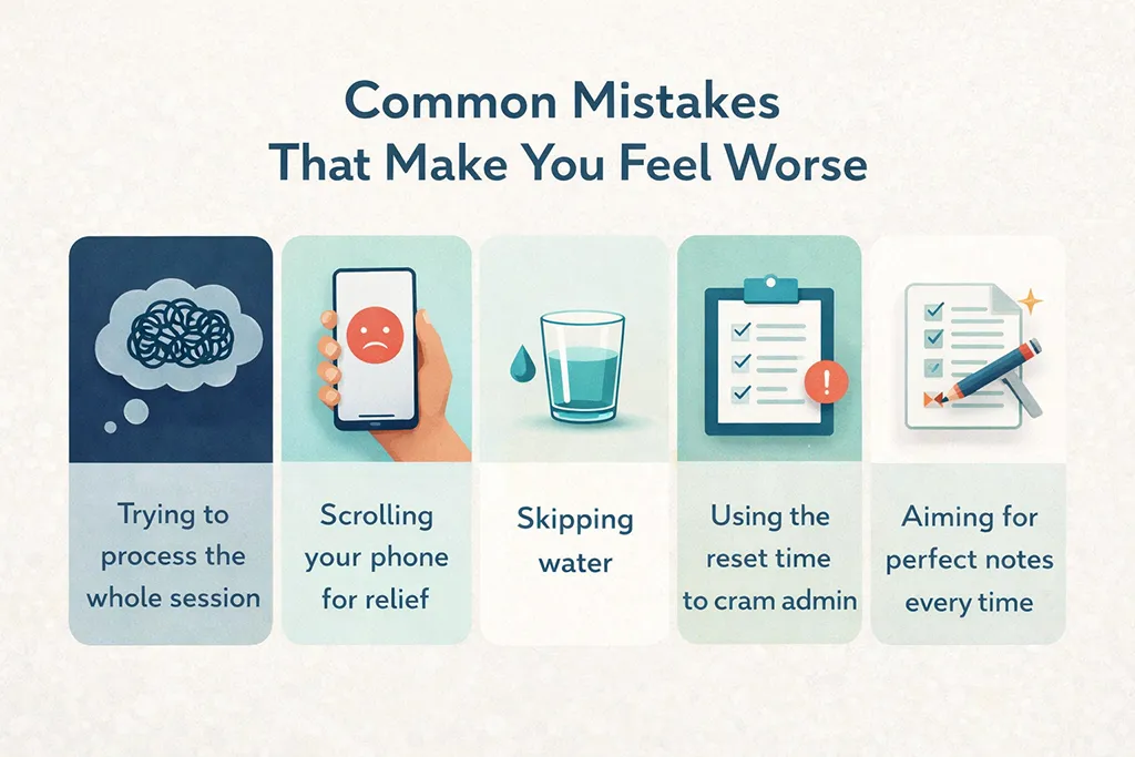 Visual guide outlining common reset mistakes between client sessions, such as phone scrolling, skipping hydration, overthinking sessions, and striving for perfect notes.