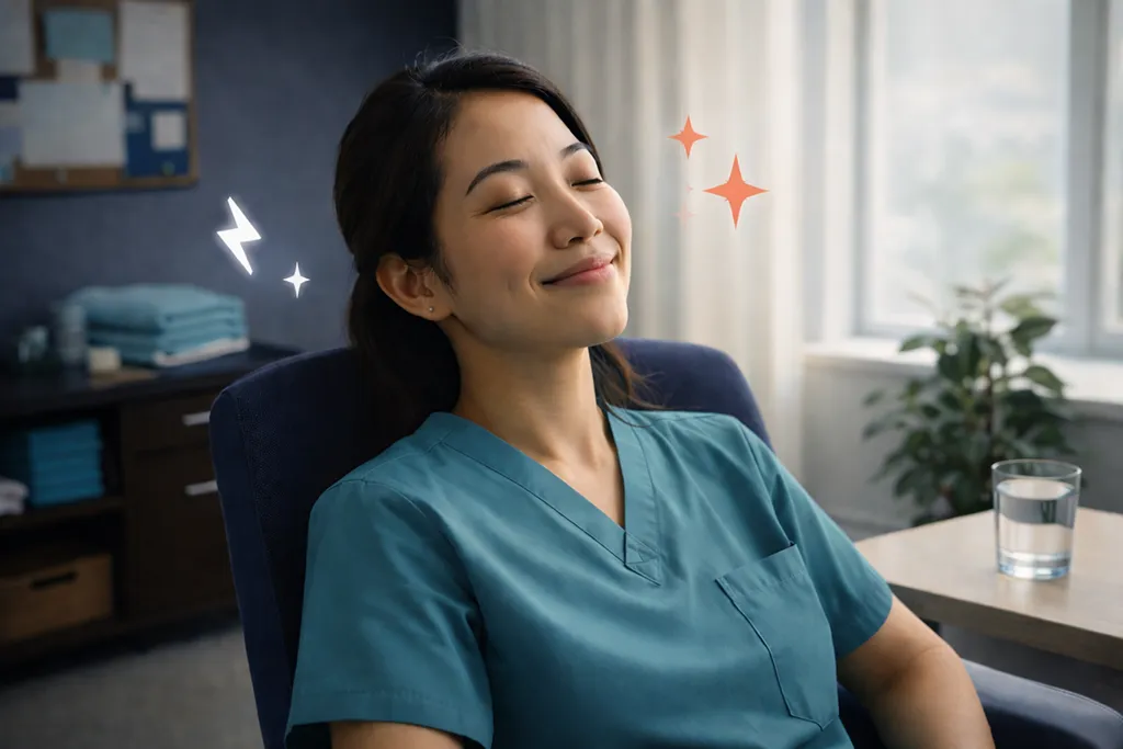 Solo healthcare practitioner experiencing improved energy and calm after a reset between client sessions.