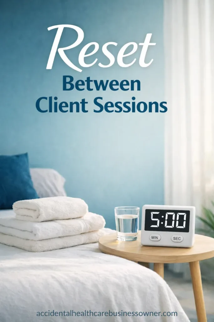 A treatment table with fresh linens, a neatly folded towel stack, a small glass of water, and a simple timer set to 5:00. Text says: Reset Between Client Sessions