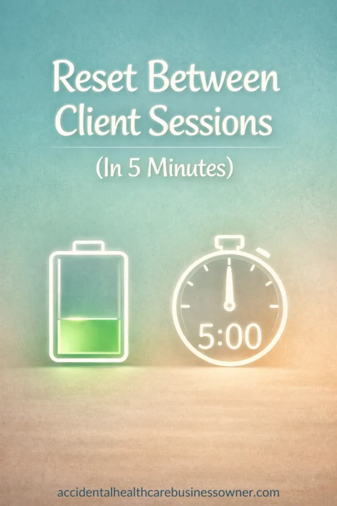 A simple battery icon, slowly filling, next to a 5:00 timer icon. Text says: Reset Between Client Sessions (In 5 Minutes)