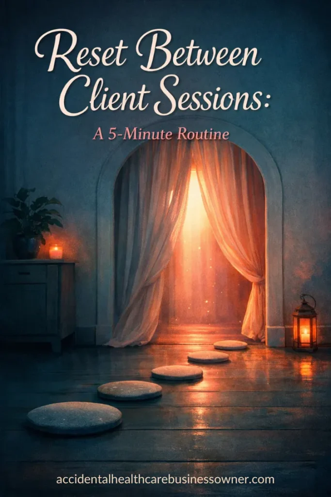A doorway between two rooms with a soft curtain, five small stepping stones lead to the door. Text says: Reset Between Client Sessions: A 5-Minute Routine