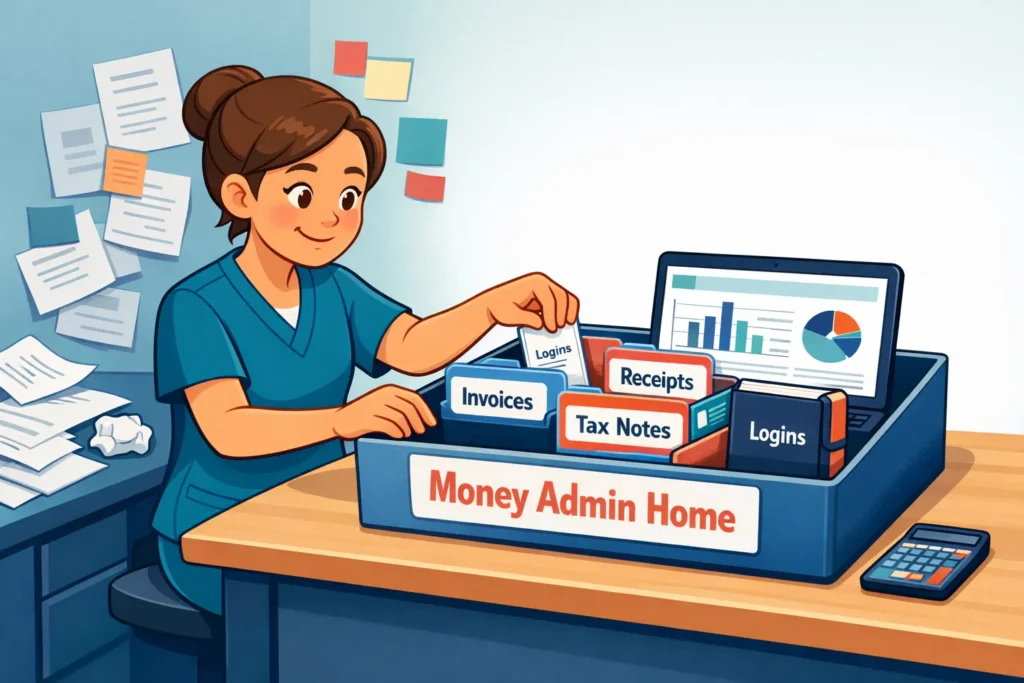 Cartoon illustration of a clinician organising receipts, invoices and financial records into one “money admin home” box, showing a simple bookkeeping system for small business finances.