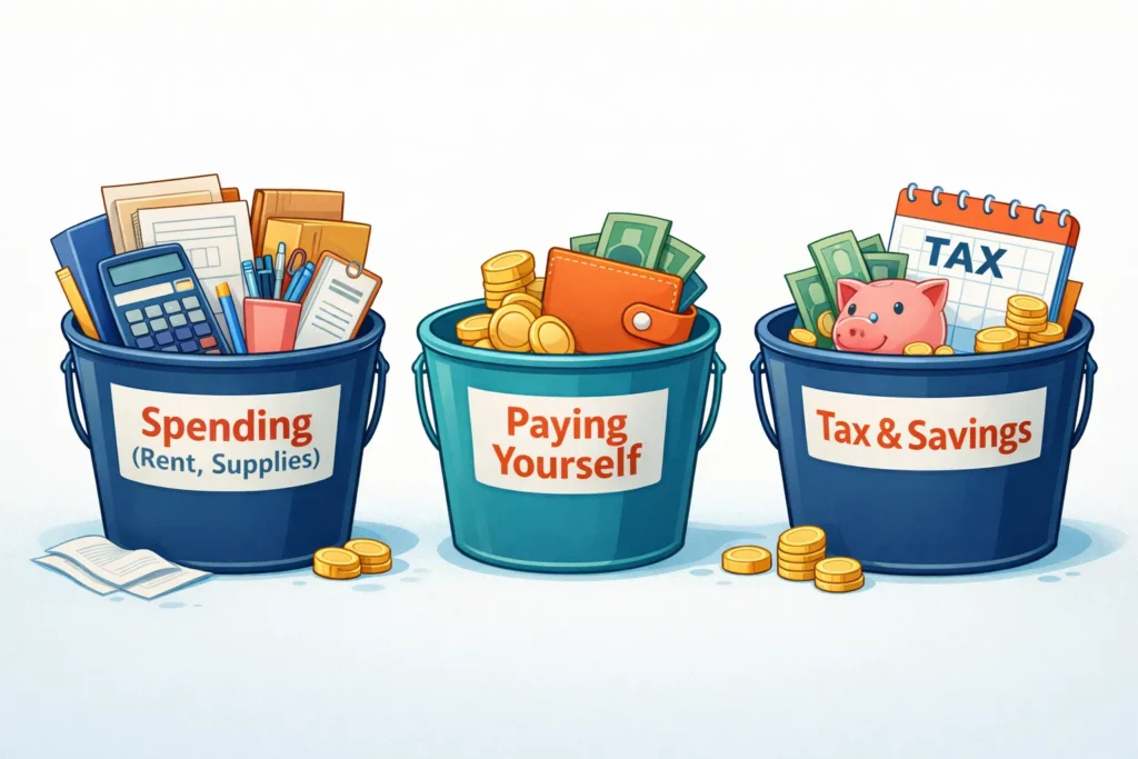 Cartoon of three money buckets labelled spending, paying yourself and tax and savings, illustrating how small business owners can manage cash flow and allocate income.