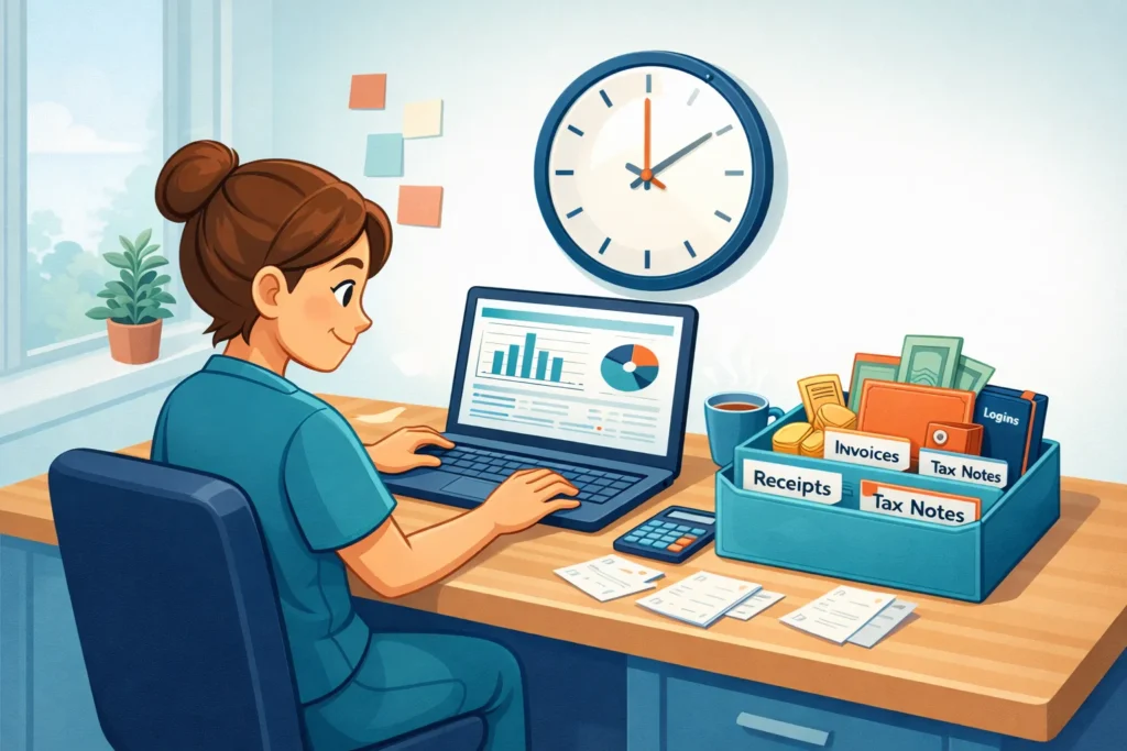 Calm cartoon of a clinician reviewing finances at a desk with laptop and organised paperwork, representing a simple 15-minute weekly money routine.
