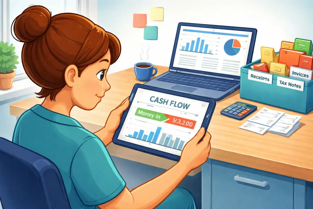 Cartoon showing a clinician checking cash flow on a tablet with income and expenses charts, illustrating how to quickly review business finances.