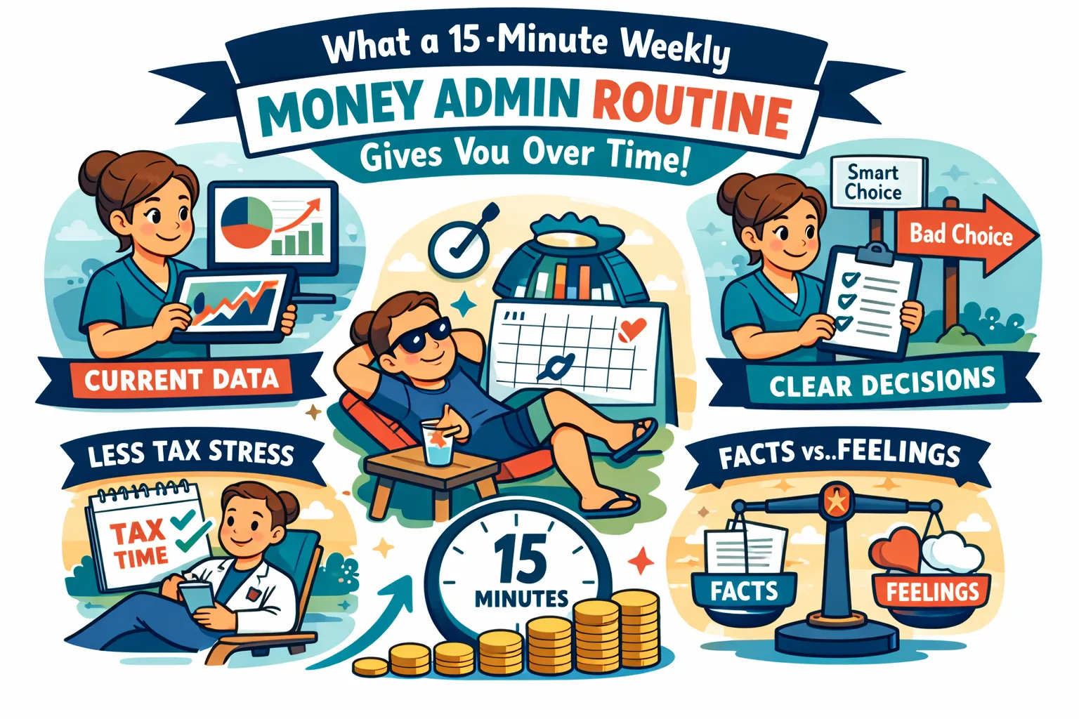 Cartoon infographic showing the benefits of a 15-minute weekly money routine, including lean current data, clearer decisions, less tax-season stress, and separating facts from feelings.