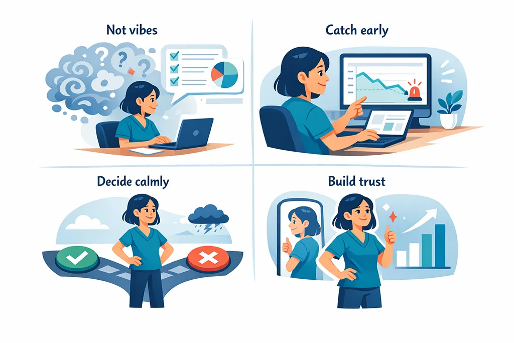 Cartoon illustration of a healthcare practice owner reviewing weekly finances, showing clearer decisions, early problem detection, reduced panic, and growing self-trust.