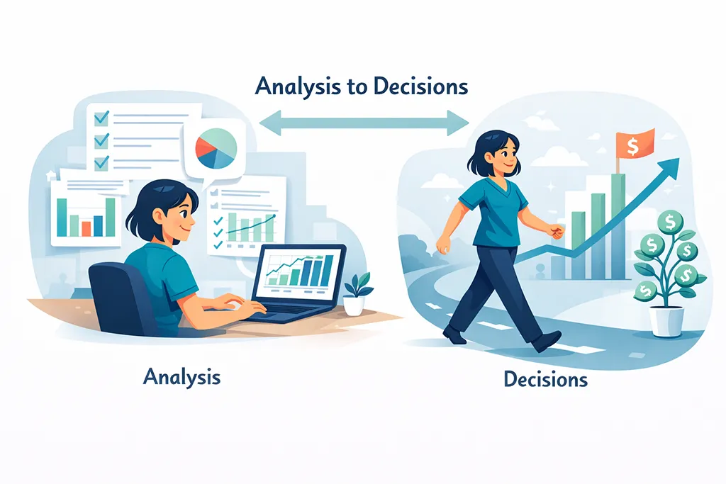 Cartoon illustration showing a healthcare practice owner using a weekly money routine to make better decisions.
