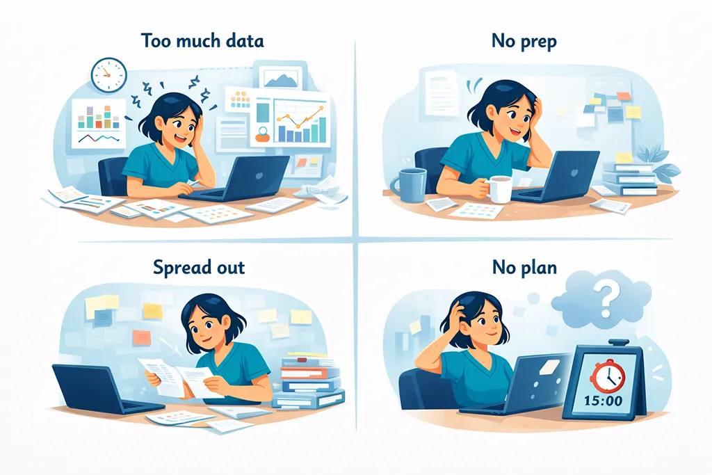 Cartoon illustration of a practice owner overwhelmed by too much data, poor preparation, scattered information, and lack of a clear financial plan.