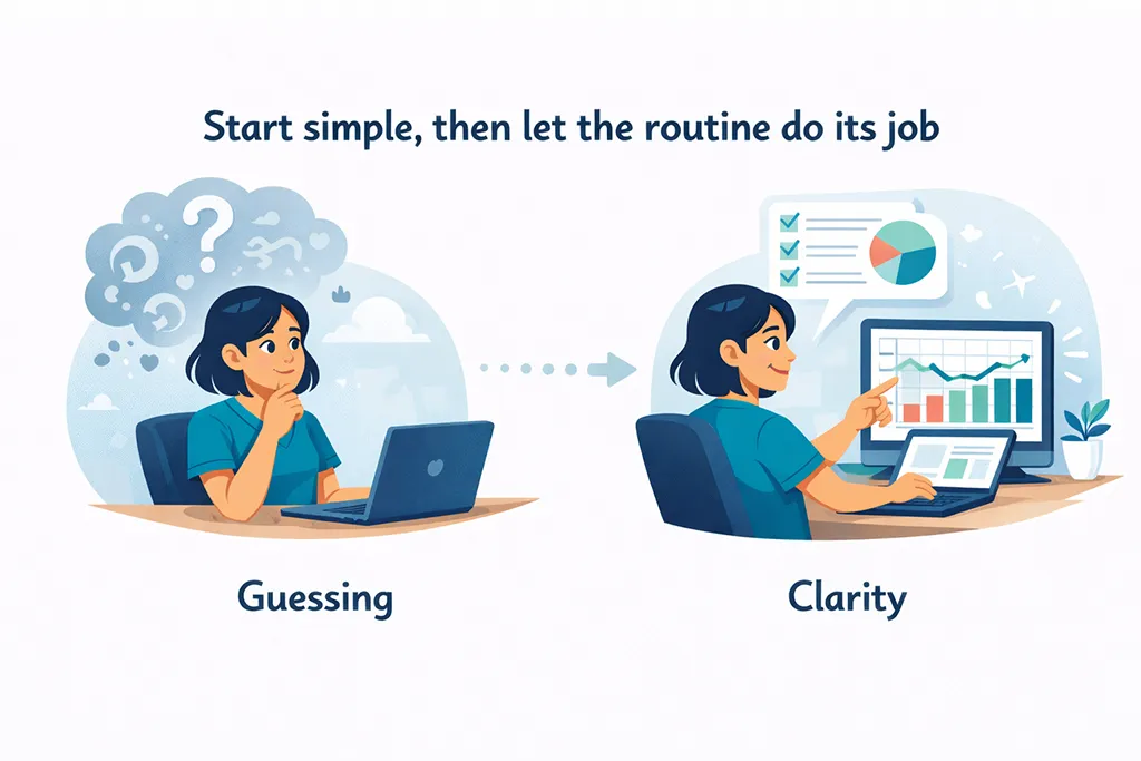Cartoon illustration of a healthcare practice owner moving from financial guesswork to clarity through a simple weekly money tracking routine.